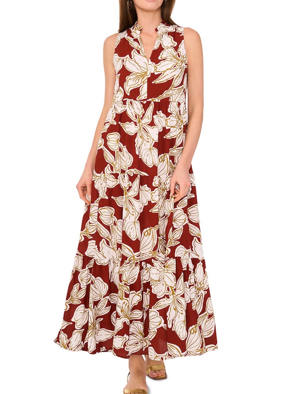 Vince Camuto Tropical Floral Split Neck Tier Challis Maxi Dress Size Medium